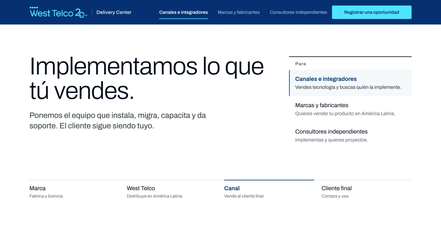 Portada de la opción 1: titular a dos líneas, selector de públicos a la derecha y la cadena de cuatro actores abajo.